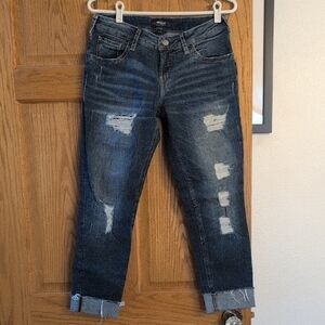 Silver Jeans (Sam) Capri-Length Distressed Denim in Dark Blue